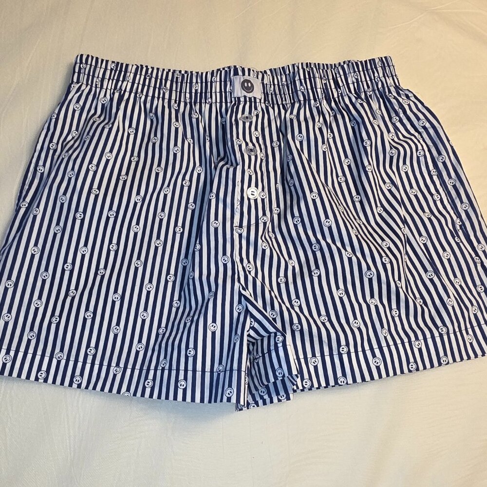 Happily Grey Smiley Face Shorts Womens Sz M Navy Stripes Boxer Kitschy